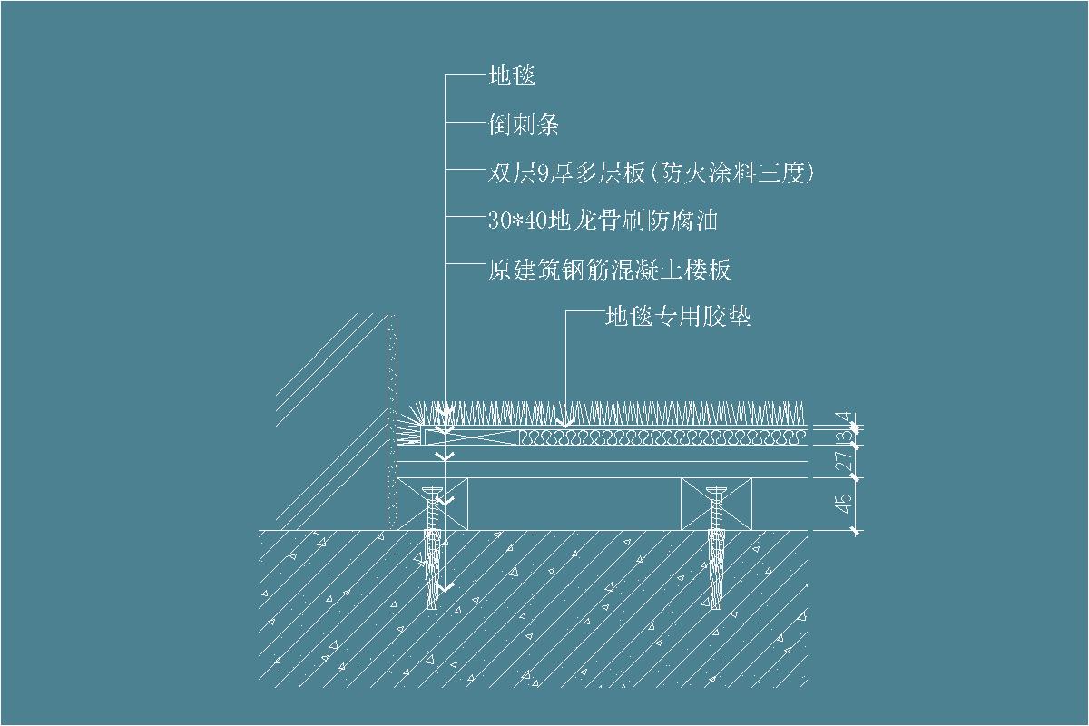 地毯-地毯专用胶垫-多层板-倒刺条-地龙骨-防腐漆-地坪节点剖面详图