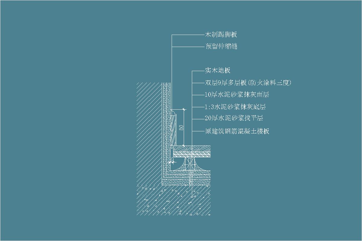 实木地板-多层板-木制踢脚线-木龙骨-防火-防腐-水泥砂浆-地坪节点剖面详图