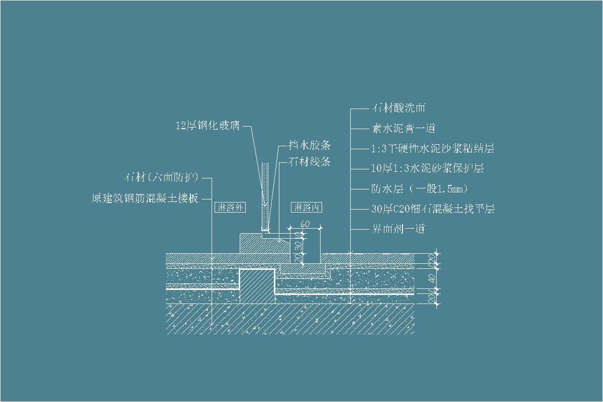 淋浴间下水槽-石材酸洗面-1:3干硬性水泥沙浆-素水泥膏-12厚钢化玻璃-挡水胶条-石材线条-C20细石混凝土找平层-防水层-地坪节点剖面详图