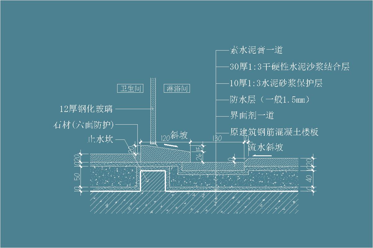 淋浴间下水槽-石材-1:3干硬性水泥沙浆-素水泥膏-12厚钢化玻璃-止水坎-防水层-地坪节点剖面详图