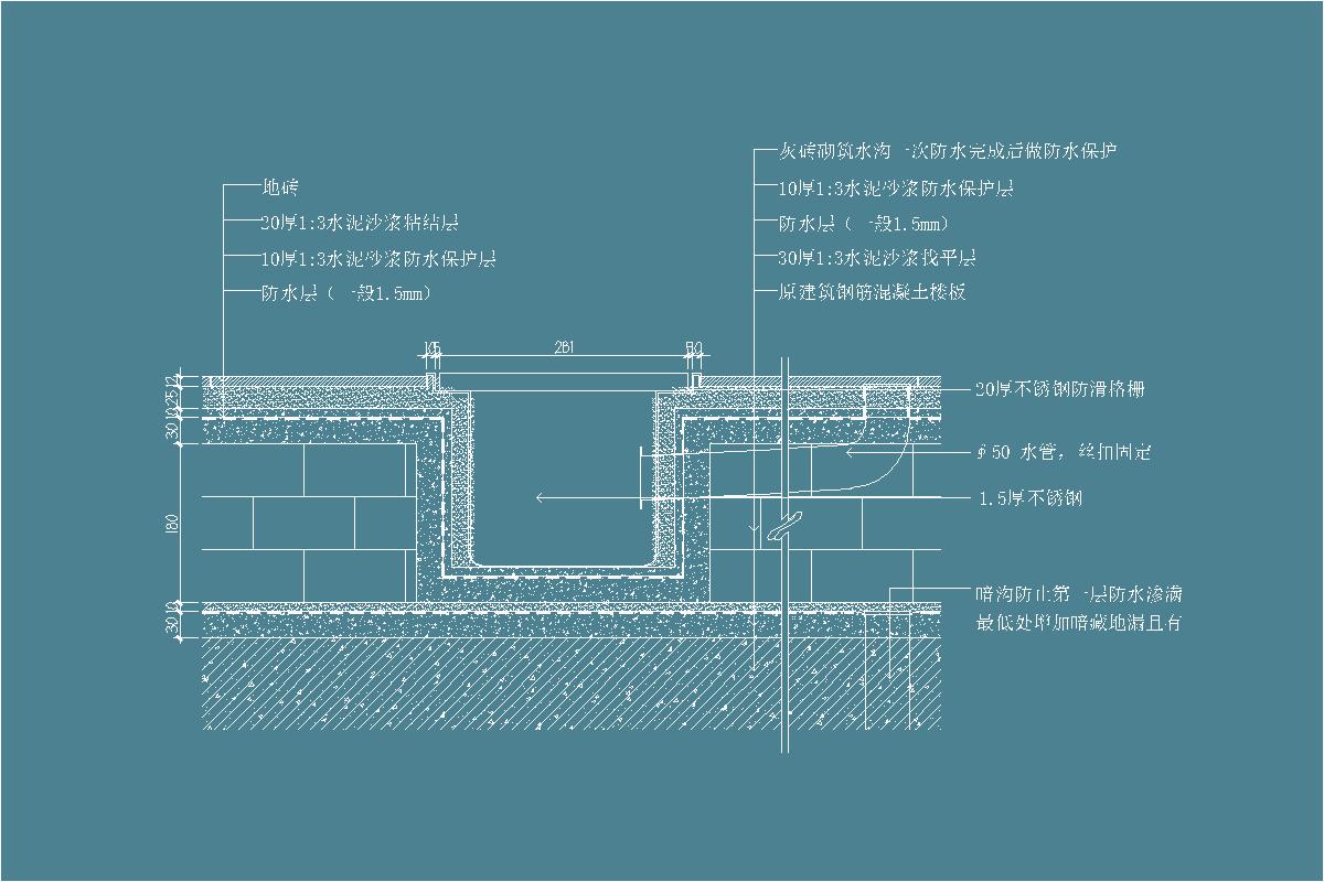 地砖-灰砖砌筑水沟-1:3水泥砂浆防水保护层-不锈钢防滑格栅-∅50 水管-1.5厚不锈钢-防水层-暗沟防止第一层防水渗满–地沟节点剖面详图