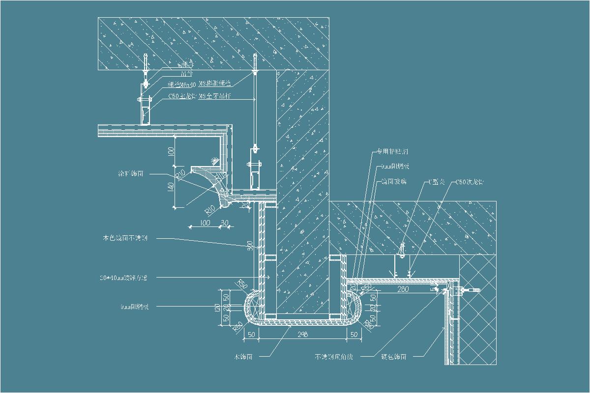 木饰面包梁-石膏板吊顶-镜面玻璃-不锈钢顶角线-硬包墙面