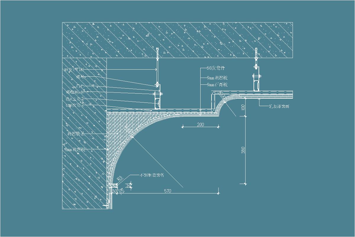 石膏板吊顶-圆弧墙顶交接造型-硬包饰面-不锈钢线条