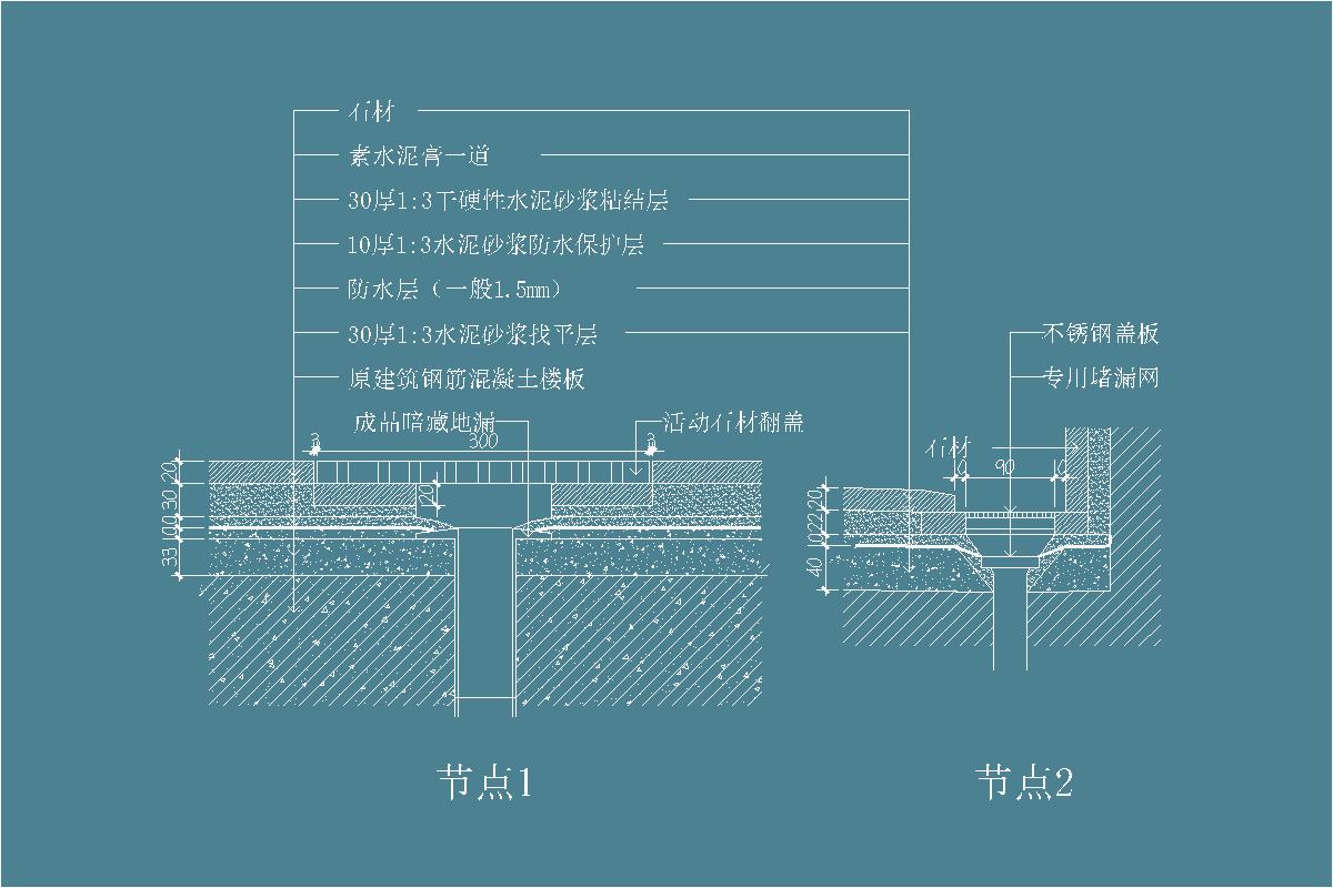 石材-素水泥膏-1:3水泥砂浆-成品暗藏地漏-活动石材翻盖-不锈钢盖板-防水层-专用堵漏网–地漏节点剖面详图