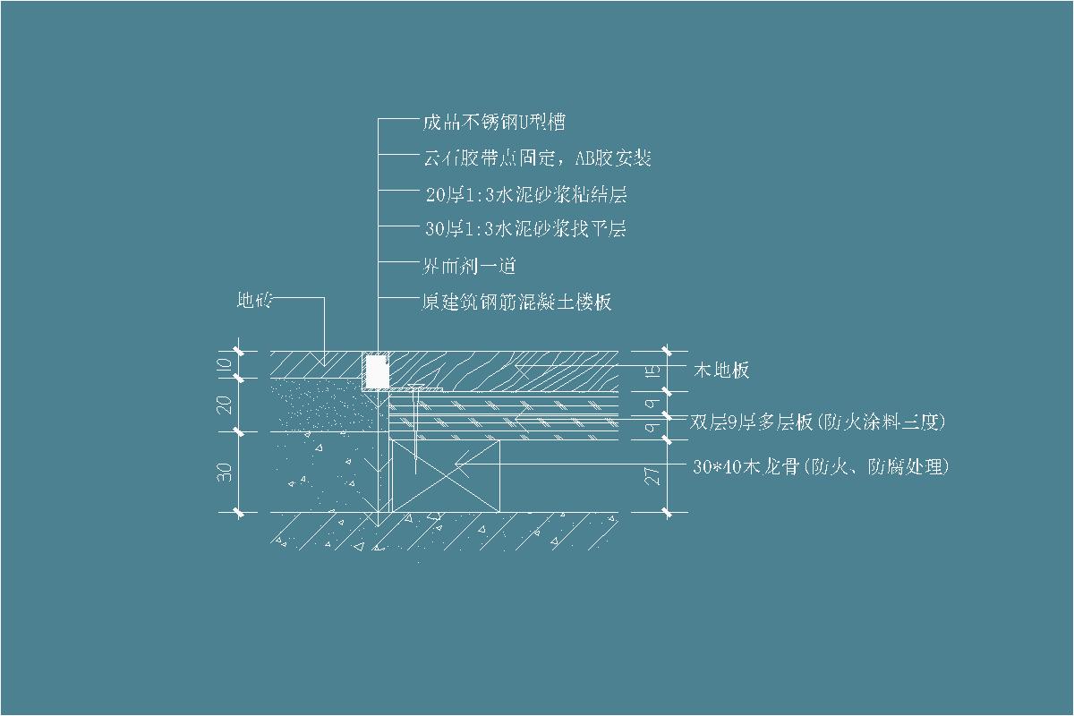 木地板-多层板-成品不锈钢U型槽-云石胶带点固定，AB胶安装-防火涂料三度、防腐处理-1:3水泥砂浆-地砖-界面剂-木龙骨-地坪节点剖面详图