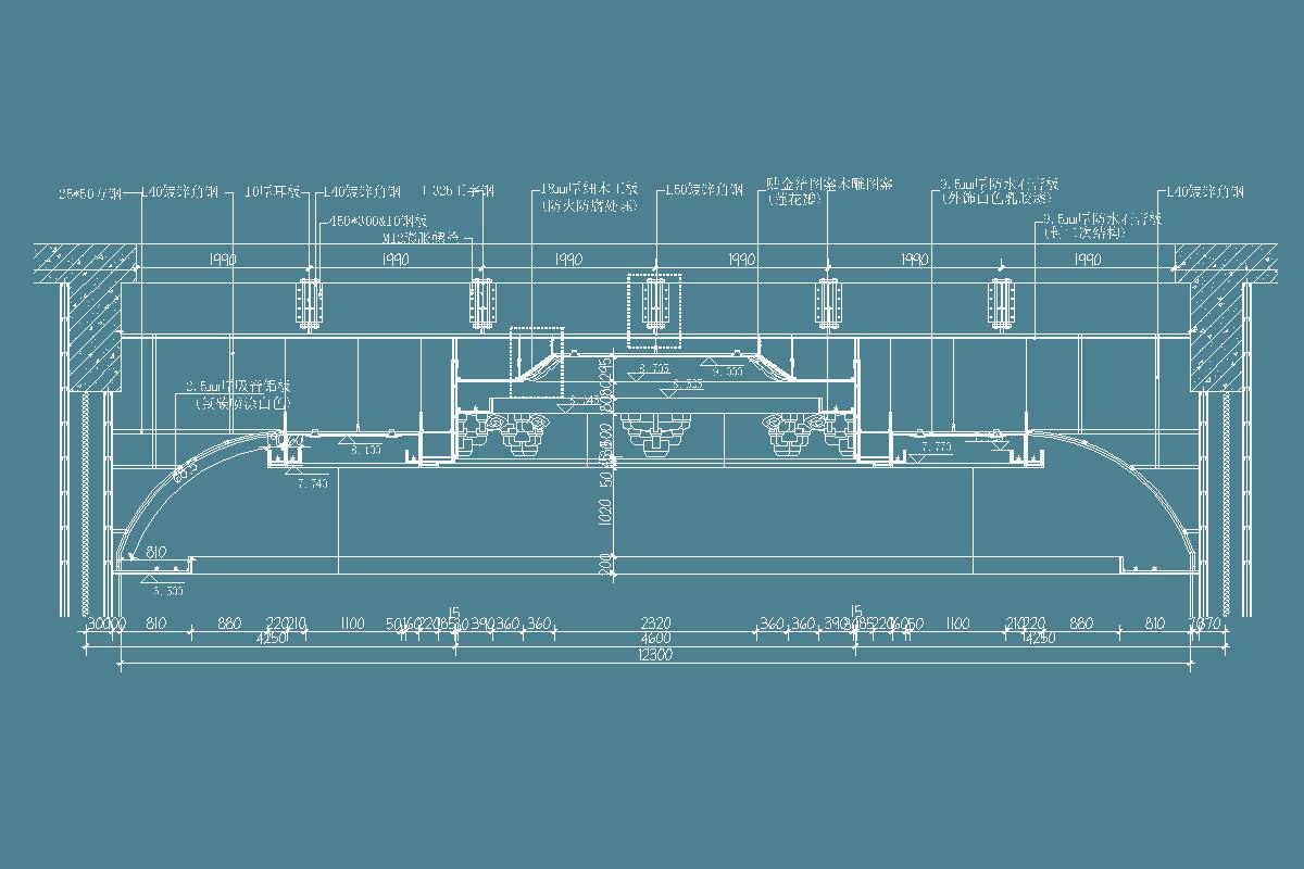 石膏板木雕金箔节点-镀锌方钢-镀锌角钢-细木工板-防水石膏板-吸音铝板-木雕图案