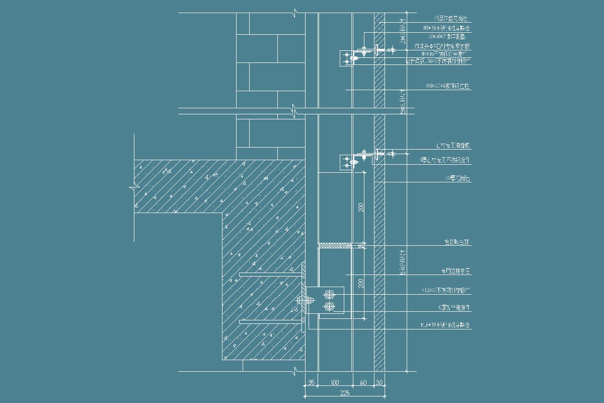 幕墙石材竖剖节点-对穿螺栓-镀锌钢立柱-填缝胶-不锈钢挂件-密封胶-套管-镀锌连接件-石材