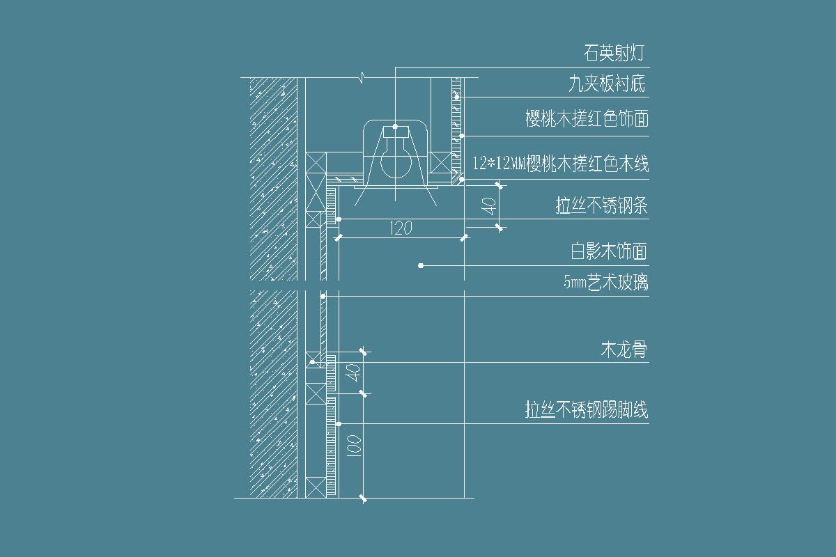 不锈钢与玻璃竖剖节点-拉丝不锈钢-艺术玻璃-拉丝不锈钢踢脚线-射灯-木饰面