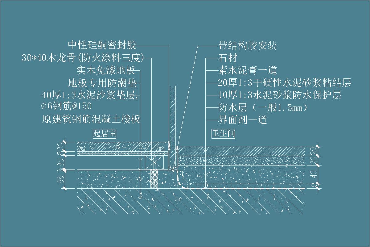 石材-素水泥膏-1:3干硬性水泥砂浆粘结层-防水层-不锈钢收边条-实木地板-地板专用防潮垫-∅6钢筋-木龙骨-防火、防腐处理-地坪节点剖面详图