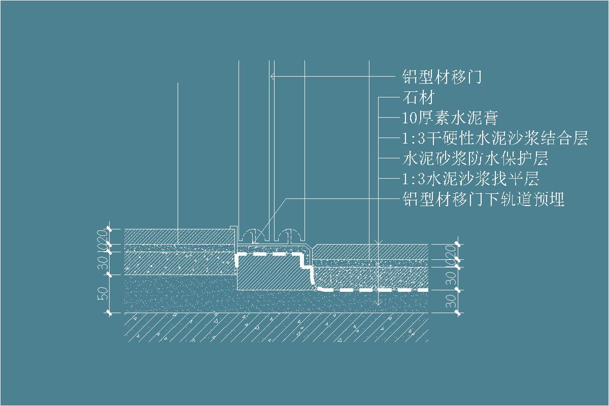 石材-素水泥膏-1:3干硬性水泥砂浆粘结层-铝型材移门下轨道预埋-地坪节点剖面详图